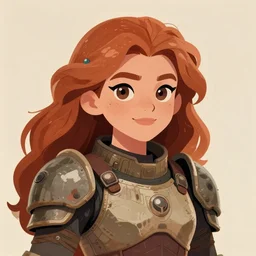 a rustic woman wearing futuristic armor, detailed face, redhead, cartoon