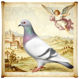 pigeon, city, ancient land, illustration, scroll painting, mural, angelic, by annibale carracci