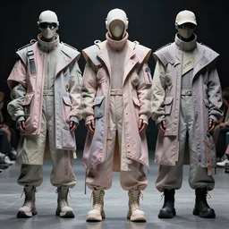avant garde techwear look and clothes, we can see them from feet to head, highly detailed and intricate, hypermaximalist, pastel colors, futuristic, luxury, Rick Owens, Errolson Hugh, Yohji Yamamoto, Y3, ACRNYM, cinematic outfit photo