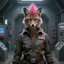 black anthro - lynx, human with head of lynx, pink mohawk hair, facial scar, wearing patched flight suit, fur texture, in reactor room on the nostromo, punk, grunge, alien 1 9 7 9, trending on artstation,