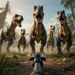 realistic photo first person perspective, dinosaurs stampede towards camera, attacking and chasing me, dramatic lighting, early evening, professional photography, high detail, cinematic lighting, unreal engine