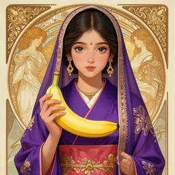 hyperdetailed portrait of a cute young hyderabadi muslim female in a purple kimono holding a banana, digital painting, artstation hq, sharp foccus ilustration, artstation hq. intricate, elegant. wlop, artgerm, greg rutkowski, alphonse mucha, medium shot. dan mumford, tomokazu matsuyama, takato 4 yamamoto