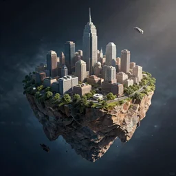 wallpaper of a city built on a floatingisland rock in space, the city is on a rock broken out of the ground