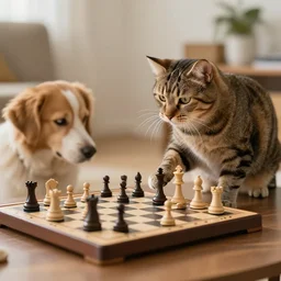 cat playing chess against a dog