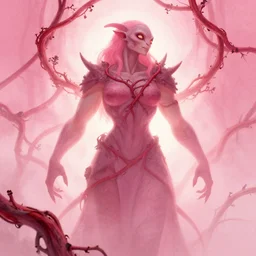 pink on red dead vines and human hybrid, realistic illustration, soft glow, disney concept art, backlit, intricate, indie studio, fantasy, rim lighting, pastel shades, powerful, emotional, powerful, epic composition, noise, texture,