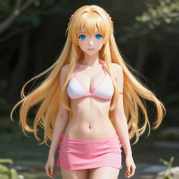 a very beautiful yuuki asuna, full body, long wavy blond hair, sky blue eyes, full round face,, bikini, miniskirt, front view, mid - shot, highly detailed, cinematic wallpaper by stanley artgerm lau