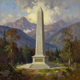 runestone, monument, mountains, trees, beautiful nature, very detailed, focused, oil painting, colorful, canvas, artstation, national geographic, Sydney Mortimer Laurence, Albert Bierstadt, Theodor Kittelsen, Hans Dahl, Konstantin Yakovlevich Kryzhitsky