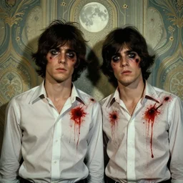 two handsome but sinister young men wearing oxford shirts in layers of fear, with haunted eyes and wild hair, 1 9 7 0 s, seventies, wallpaper, a lot of blood, moonlight showing injuries, delicate embellishments, painterly, offset printing technique, by brom, robert henri, walter popp