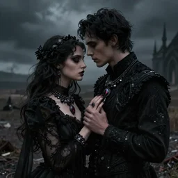 A Gothic couple of jewels in an empty land, dark romance, dark and mysterious, atmospheric, ominous, eerie, cinematic, Epic, 8k, 4k, ultra detail, ultra realistic, rendered by awesomeness