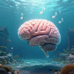 god singing into a brain underwater street view, music notes, unreal engine