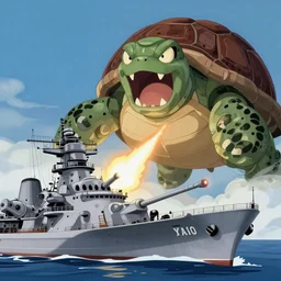 memorable animation key shot, backlit, yamato battleship fires apon on colossal screaming angry turtle golem covered in fishing wire, hooks and barnacles, sludge, by mandy jurgens, by satoshi kon, ilya repin, lena aenami, shinji kimura, william turner, daylight pastel color palette