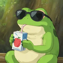 anime key visual of hayao miyazaki studio ghibli, finely detailed anime frog drinking out of a juicebox through a straw, wearing ray - ban wayfarers