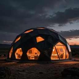 epic exterior photo of a futuristic organic geodesic shelter pods for the homeless, geodesic structure, dramatic lighting, black and orange colour palette, long shot, archviz