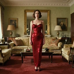 a woman made of rubies stands in the living room, film still from the movie directed by Denis Villeneuve with art direction by Salvador Dalí, wide lens, 4K, realistic