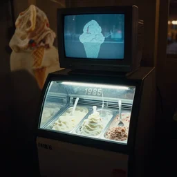 an ice cream fridge in the middle of a neapolitan ice cream river, from 1 9 8 5, bathed in the glow of a crt monitor, ice cream in background, low - light photograph, miniature subsurface scattering, photography tyler mitchell
