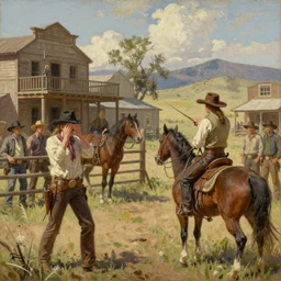 a painting in realism style of an old west outlaw town while a shootout is happening. there is a woman covering her eyes and and townsfolk looking nervous. 2 horses are tied up to a fence.
