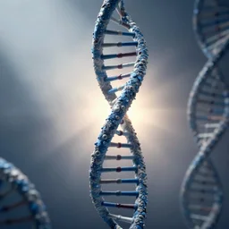 medical model of DNA helix, blue and grey, studio light, octane render, soft filter
