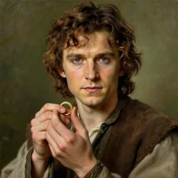 portrait of tom holland as frodo, hobbit holding a gold ring with engravings, by alan lee, lord of the rings, smooth, detailed terrain, oil painting, matte painting, concept art, trending on artstation, promotional artwork, film still, elegant, photorealistic facial features, intricate, detailed face, cinematic lighting