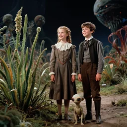 detailed, sharp, a girl and a boy standing next to some strange wild alien plants, looking happy, wearing 1850s era clothes, their small pet tiny alien creature is standing nearby, in a park on a strange alien planet, extremely highly detailed, in focus faces, 70mm still from a classic period sci fi color blockbuster movie, 4k, 35mm macro lens, high quality lighting, sharp focus