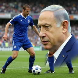 benjamin netanyahu headbutting zinedine zidane on a football field, by norman rockwell and michael cheval, highly detailed