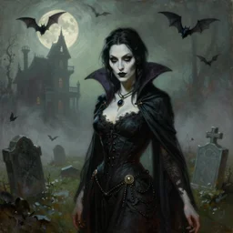 in the style of frank frazetta, a highly detailed matte portrait painting of a pale skin vampire goth witch in foreground, standing in a foggy graveyard. the moon, bats, haunted house in background, by ashley wood, eerie magazine cover, grey green brown color, french impressionism, palette knife and brush strokes, photorealistic, detailed, intricate, 4 k, focused, extreme details, masterpiece