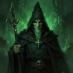 half - length portrait, necromancer smiling, ominous. green lighting. fantasy, digital painting, hd, detailed.
