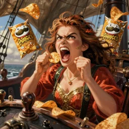 an extremely angry pringle called the irate chip screaming orders from the helm of a pirate ship