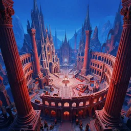 close shot angle from above of epic intrincated colliseum fantasy landscape, vibrant blue and red vivid high contrast color scheme, highlights!, atmospheric perspective, large ancient giant colums!!!, gothic architecture!!!!, giant church of the gods!!!, pointy risks mountains, in the style of peter mohrbacher and marius borgeaud