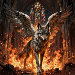A epic and beautiful rococo painting of a angelic werewolf inside a burning cathedral. dark soul style. ultra-detailed. Anime, pixiv, UHD 8K CryEngine, octane render