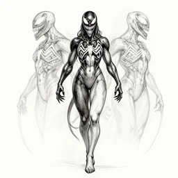 symmetry concpet art, full shot, traditional ink, sketch, of olivia wilde as venom, line sketch, intricate, elegant, highly detailed, monochrome, digital painting, artstation, concept art, sharp focus, illustration, art by borderlands 3 and peter polach