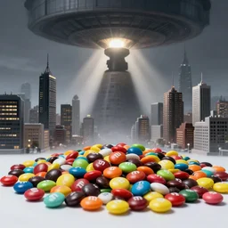 a pile of m & ms in a radioactive cityscape