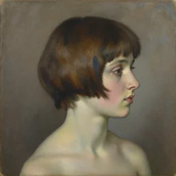 expressive medium shot profile view portrait of an angelic young woman with tomboy short brown hair, brown and blue palette, oil painting, muted colors, artwork by lucian freud, arnold bocklin