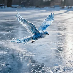 an ice blue phoenix flying over a frozen lake