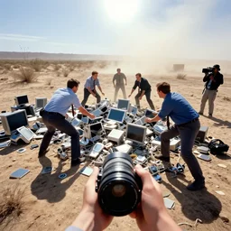 a first person view of a pileup of white businessmen fighting over computer elements, surrounded by debris of shiny pieces of futuristic high - tech contraptions, small and big pieces scattered around, sparse dried vegetation, heatwave, blinding sun, dust storm in the horizon, reporter, live footage, canon 3 5 mm lens, ektachrome color photo