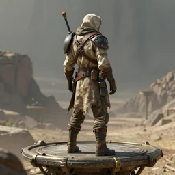 concept art of an explorer nomad standing on a platform, back - view, hyperrealistic, photorealistic, style by wlop, hyper detailed, 8 k
