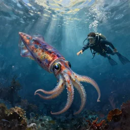 oil painting of a squid swimming through the ocean with a diver as he reaches out, curiosity, discovery, deep sea, beautiful