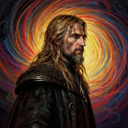 side profile centered painted portrait, grizzled assassin, lord of the rings, tolkien, matte painting concept art, baroque, beautifully backlit, swirly vibrant color lines, fantastically gaudy, aesthetic octane render, 8 k hd resolution, by caravaggio and diego velazquez