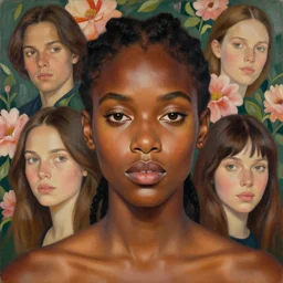 portrait of an black woman with a floral background : : painted by artgerm, karol bak, artur bordalo, sandra chevrier : : portrait, character, illustration, hyperrealism, photorealism