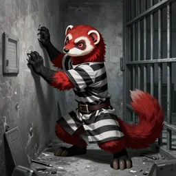 vampire : the masquerade ( world of darkness ) source book illustration of an anthropomorphic red - black furry weasel - ferret - stoat fursona ( from the furry fandom ) in prisoner's regalia, in a prison cell, scratching desperately at the walls, pen detailing