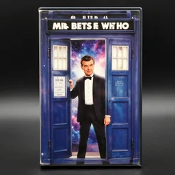product photo still of vhs cover of mr bean as doctor who in front of a nebula through the open door of the tardis on a vhs box