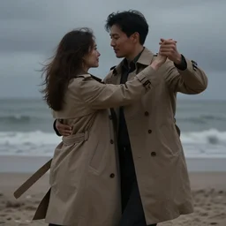 zoom in photo of a man and woman, both wearing light brown trenchcoats, dancing together on a beach during cloudy weather, it is a little dark outside