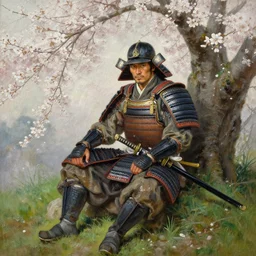 an oil painting of a male samurai warrior wearing armor while sitting under a cherry tree with white blossoms, nearby a katana lies on the grass. detailed face, feet, greg rutkowski, edward robert hughes, tony sart