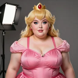 portrait of thicc real life princess peach, very large bosum, by charlotte grimm, studio light, detailed face, canon eos c 3 0 0, ƒ 1. 8, 3 5 mm, 8 k, medium - format print, half body shot