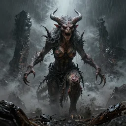 lilith the mother of all monsters angry, raining ash, fine art masterpiece, highly detailed dino valls wayne barlowe machiej kuciara, dramatic lighting, long shot, wide angle, uhd 8 k, sharp focus