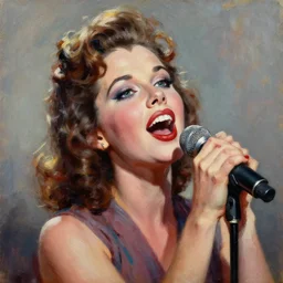 highly detailed expressionist oil painting of singing female vocalist, promotion image, 5 0 s, from comedy movie, intricate, fictional character, dynamic pose, top lighting, realistic shaded, expressively loose brush strokes, impasto, 8 k realistic, hyper detailed, hyper detailed eyes, top lighting, art by norman rockwell