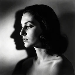 “Portrait of a femme fatale. Shadow and light. Abstract. Surrealist. Black and white. Side lighting. Photography by Dora Maar. 1934”