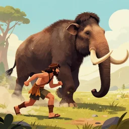 a detail digital art of a caveman chasing a mammoth