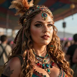 hyper realistic photography portrait of coachella burningman pagan medieval tribal festival warrior curvy partygirl face cinematic, vallejo, julie bell, craig mullins greg rutkowski, artstation, cgsociety