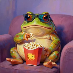 hyper realistic oil painting of chubby toad watching a movie on the couch and eating some popcorn, vibrant colors, wearing anaglyph glasses, high contrast, by greg rutkowski, trending on artstation