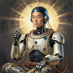 Hokusai portrait of a robot saint made of cables and robotic pod by James Jean